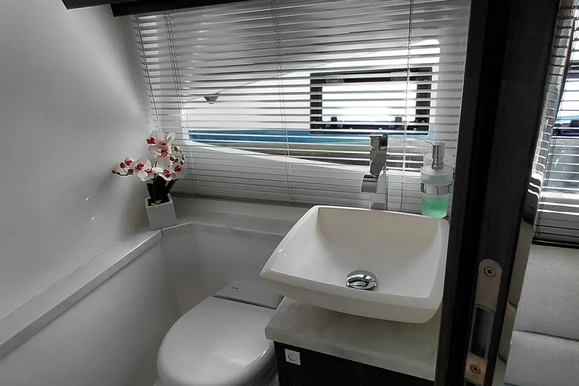 Stylish bathroom with a white sink, toilet, potted orchids, and a window with blinds allowing natural light in.